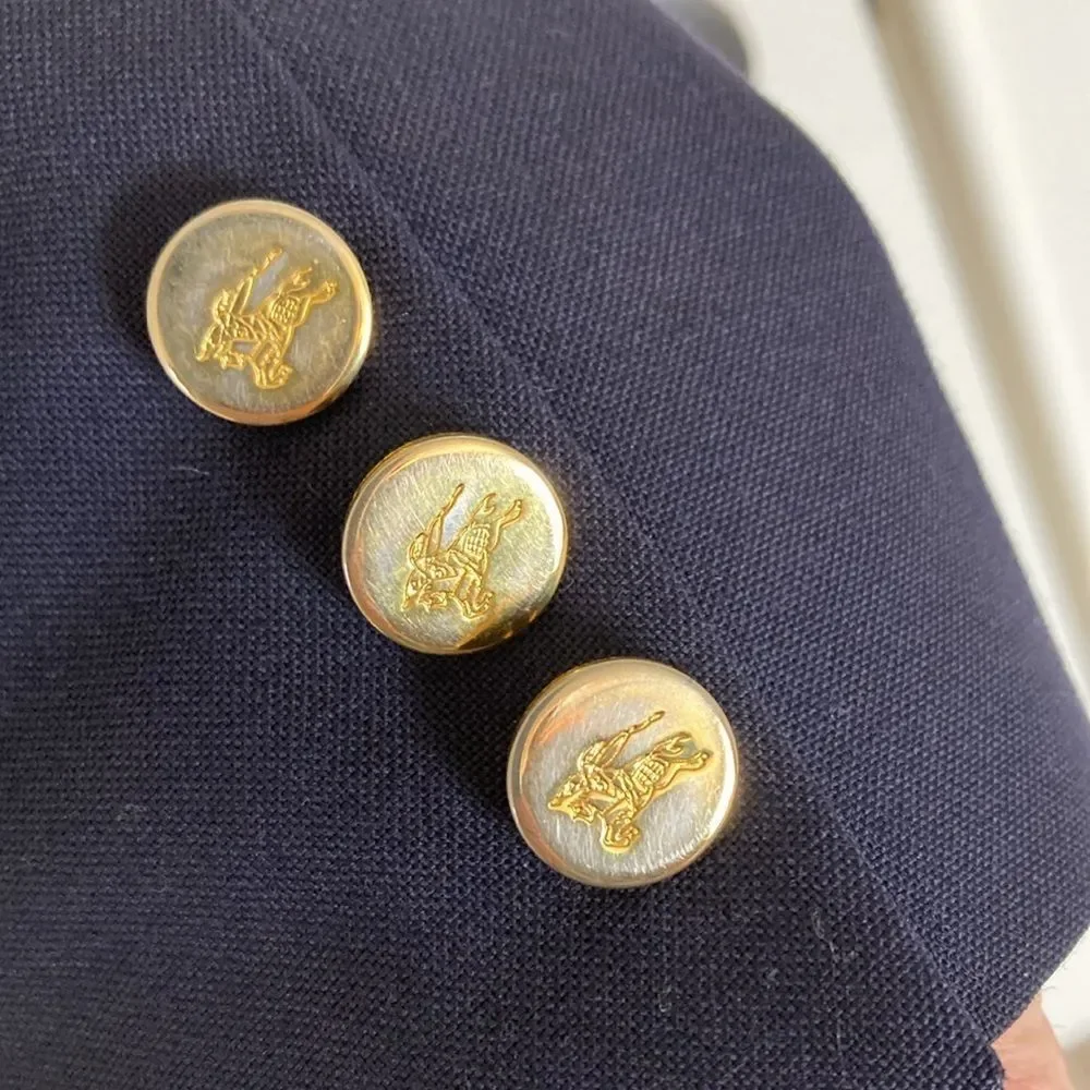 Burberrys' Mens Vintage Navy Wool 44R Blazer 2 Gold Button Front‎ Single Vent